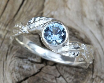 Aquamarine White Gold leaves Ring, Antique Floral Nature Engagement Ring, Anniversary March Birthstone Gemstone Ring ,Promise rings