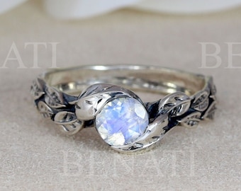 Bague feuille avec pierre de lune en argent, bague feuille de pierre de lune, bague feuilles, bague bohème forêt de l&#39;amitié, bague florale naturelle en pierre de lune