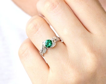 Emerald Engagement Leaf Ring, Leaves Engagement Ring, White Gold Nature Ring, Gold Vine Ring, Unique Floral Forest Green Gemstone Ring