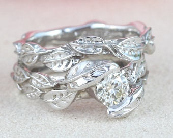 White Gold Nature Bridal Set, Rose Gold Diamond Wedding Set, Diamond Engagement ring, Rose Gold Nature Ring, Leaf Ring, Engagement Ring