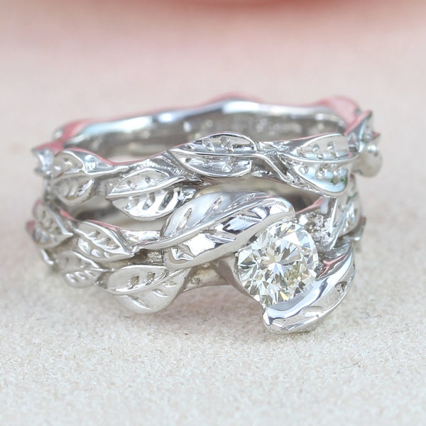 White Gold Nature Bridal Set, Rose Gold Diamond Wedding Set, Diamond Engagement ring, Rose Gold Nature Ring, Leaf Ring, Engagement Ring
