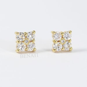 Diamond Stud Earrings 14k Yellow Gold, Minimalist Diamond Earrings, 4 Stone Diamond Earrings For Women, Anniversary Diamond earrings