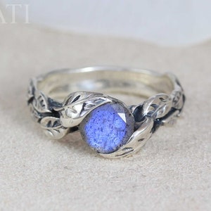 Labradorit Sterling Silber Natur Ring, Edelstein Ring in Silber, Boho Ring, Blätter Ring, Wald Ring, Natur Floral Natur Ring
