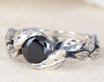 Black Stone Silver Leaf Ring , Black Leaf Ring, Leaves Ring, Friendship Silver Forest Ring, Natural Floral with Black stone Ring