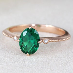 ヴィンテージ風オーバルリング エメラルド付き、ローズゴールド プロミス アンティーク エメラルド リング、14K ローズゴールド クラシック エンゲージリング