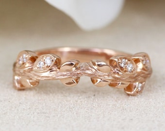 14k Gold Leaf Wedding Band: Floral Diamond Ring