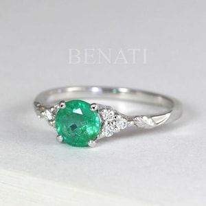 Unique Natural Emerald Engagement Ring, 14k Vintage Genuine Emerald Ring, Emerald with Diamond Bridal Ring, Anniversary Gift for Her
