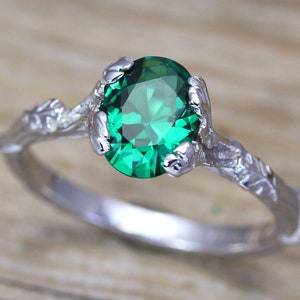 Unique emerald gemstone engagement ring, Vintage Antique boho ring, nature leaves inspired promise ring, anniversary gift