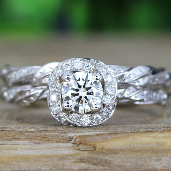 Unique Bridal Diamond Engagement Ring Set, Matching Diamond Halo Engagement Ring, Leaf Diamond Wedding Band, Alternative Nature Bridal Set