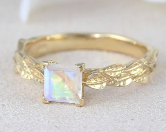 Moonstone Nature Inspire Engagement Ring, 14k Gold Square Princess Cut Rainbow Moonstone Leaf Ring
