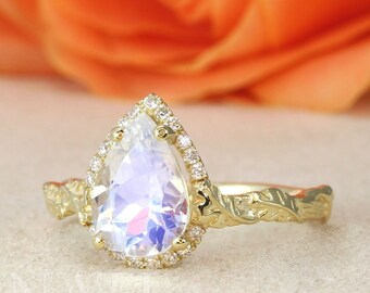 Pear Moonstone Engagement Ring: Diamond Halo, 14k Rose Gold Leaf Band