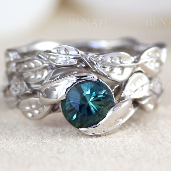 Teal Green sapphire engagement ring, Leaf wedding ring set, Gold bridal ring set, Leaves band set, Bridal promise matching ring set