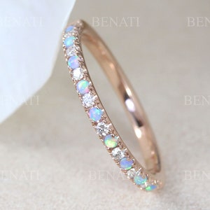 Rose Gold Thin Diamond and Opal Eternity Band, Unique Opal Ring, Eternity 2 mm Wedding Band, Thin Opal Stacking Ring image 1