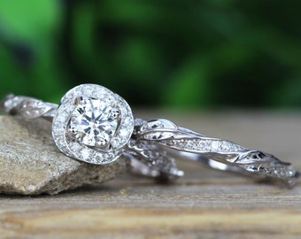 Moissanite Unique Bridal Engagement Ring Set, Matching Diamond Halo Engagement Ring, Leaf Wedding Band, Alternative Nature Bridal Set