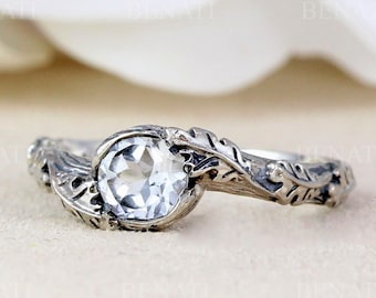 White Sapphire Leaf Ring Sterling Silver Nature Inspired Band Forest Botanical Jewelry