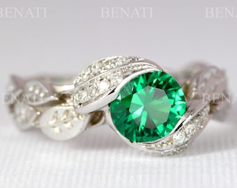 Diamond Leaves Engagement Ring, Emerald Leaf Engagement Ring, Green Leaf Ring, Green Gem Leaves Ring, Natural Floral Leaves Engagement Ring