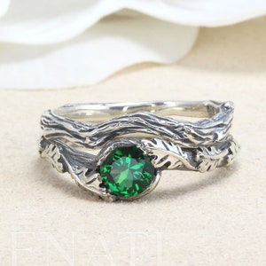 Emerald Leaf Engagement Ring set , Silver Emerald Leaf Rings, Leaf Ring With Emerald, Oak Tree Promise Ring, Nature Oak Tree Silver Ring