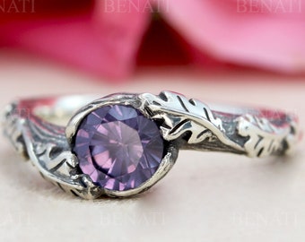 Sterling Silver Amethyst Leaf Ring: Nature Inspired Floral Jewelry