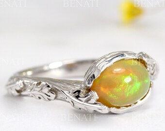 Natural Genuine Opal Leaf Engagement Ring, Fire Opal Leaves Ring, Elvish Nature Inspired Ring Forest Ring, Floral Opal Twig And Leaf Ring