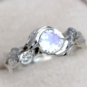 Leaf Ring With Moonstone, Rainbow Moonstone Rose Gold Ring, Rose Gold Nature Leaves Ring, Boho Lady Fantasy Nature Inspired Engagement Ring