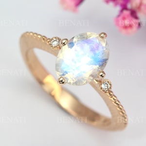 Moonstone Ring Vintage Inspired Oval Rainbow Moonstone Ring, Rose Gold Fire Moonstone Engagement Ring