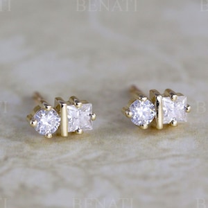 Round moissanite two stone stud earrings made in 14k solid gold, Double diamond stud earrings, two stone second hole minimalist earrings