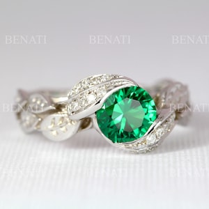 Diamond Leaves Engagement Ring, Emerald Leaf Engagement Ring, Green Leaf Ring, Green Gem Leaves Ring, Natural Floral Leaves Engagement Ring
