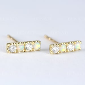 Bar Stud Opal And Diamond Earrings, 14k Solid Gold Diamond Opal Minimalist Earrings, Dainty Bar Earrings, Christmas Gift For Her