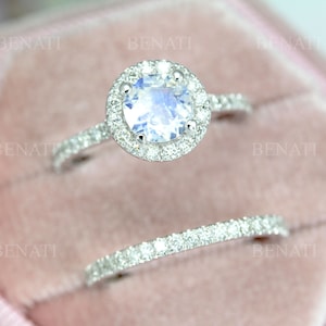 Set Diamond Halo Rainbow Moonstone Engagement Ring, Wedding Ring Set, Bridal Set, Diamond Ring In Moonstone