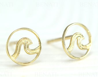 14k Gold Wave Stud Earrings: Minimalist Surf Jewelry