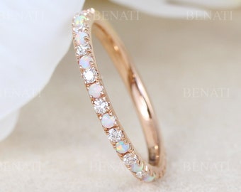 Rose Gold Opal Diamond Eternity Band: Thin 14k Wedding Ring