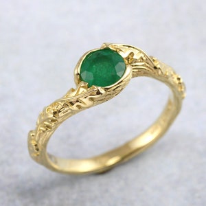 Nature Natural Emerald Leaf Solid Gold Engagement Ring, 14k 18k Emerald Leaf Ring, Leaf Ring With Emerald, Wood Oak Tree Promise Ring