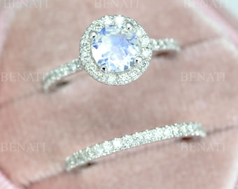 Set Diamond Halo Rainbow Moonstone Engagement Ring, Wedding Ring Set, Bridal Set, Diamond Ring In Moonstone