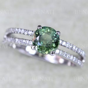 Alternative Green Sapphire Engagement Ring – Diamond Cluster in 14k Gold, Pave Band Unique Bridal Ring, Non Traditional Engagement Ring