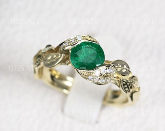 Natural Emerald Leaf Engagement Ring, Emerald Engagement Ring, Leaf Emerald Ring, White Gold Leaves Ring With Emerald, Nature Floral Ring