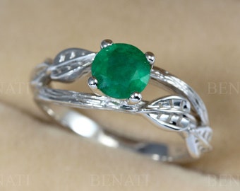 Twig Natural Emerald Engagement Ring, Leaves Ring, Vintage Bark Ring, Unique Ring,Alternative Ring, Nature Inspired, 14K, May Birthstone