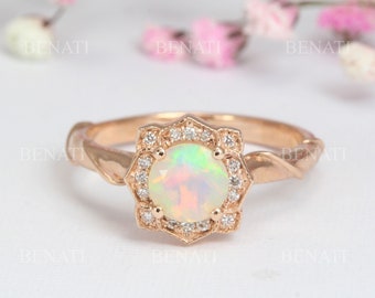 Natural Opal engagement rose gold ring, Vintage flower promise ring, Unique delicate leaf wedding bridal ring