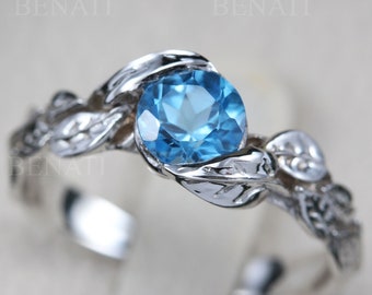 Leaf Ring, Blue Topaz Leaf Engagement Ring in White Gold