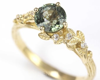 Green sapphire nature ring, Sapphire engagement ring, Rose gold ring, Vintage teal sapphire ring, Art deco, Bridal ring