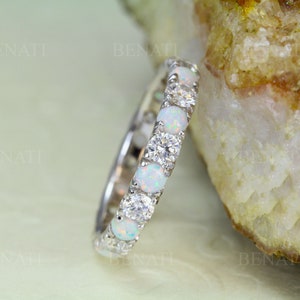 3mm Diamond Opal Eternity Band, White Opal and Diamond Wedding Ring, Eternity Opal Wedding Band, Opal Promise Ring, Opal Stacking Ring