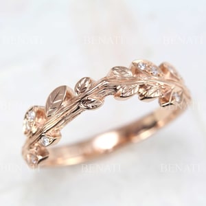 Rose gold leaf wedding ring, Leaf wedding band, Gold small leaves  wedding ring, Forest wedding band, Gold floral ring 14k natural diamonds