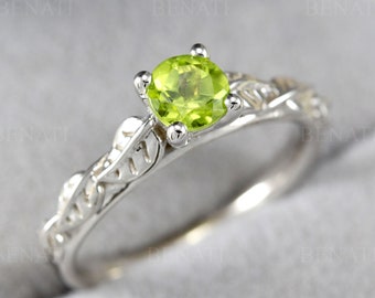 Peridot Leaf Bridal Engagement Ring,  Antique Gemstone Wedding Ring, White Gold Leaves Solitaire Ring
