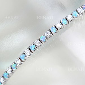 Opal Bracelet, Tennis Bracelet Opal and Diamond Stones, 2.5 CT Opal and Moissanite Bracelet, Tennis Solid Gold Bracelet , 14k Solid Gold