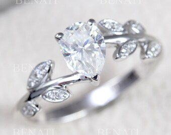 Pear Moissanite Engagement Ring: Floral Leaf Band, Diamond Accents