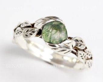 Moss Agate Leaf Ring: Sterling Silver Floral Boho Ring