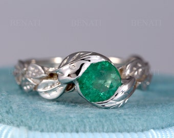 Natuurlijke Emerald verlovingsring, Leaf Ring, Emerald Leaf verlovingsring, Emerald Leaf trouwring, antieke Emerald Ring, 18k Emerald Ring