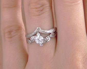 Leaf Twig 14k Gold Engagement Ring Set: Floral Wedding Bands