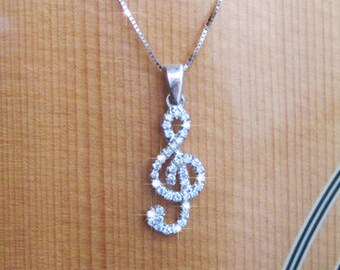 Diamond G Clef Pendant: 14k White Gold Music Note Necklace