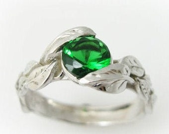 Emerald Leaf Engagement Ring, Leaves Engagement Ring, White Gold Leaves Ring With Emerald, Green Stone White Gold Antique Engagement Ring