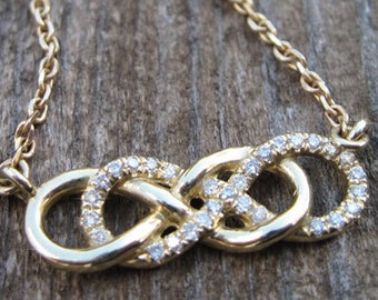 Diamond infinity knot necklace, double infinity knot diamond necklace, infinity diamond necklace, gold infinity pendant, diamond love knot